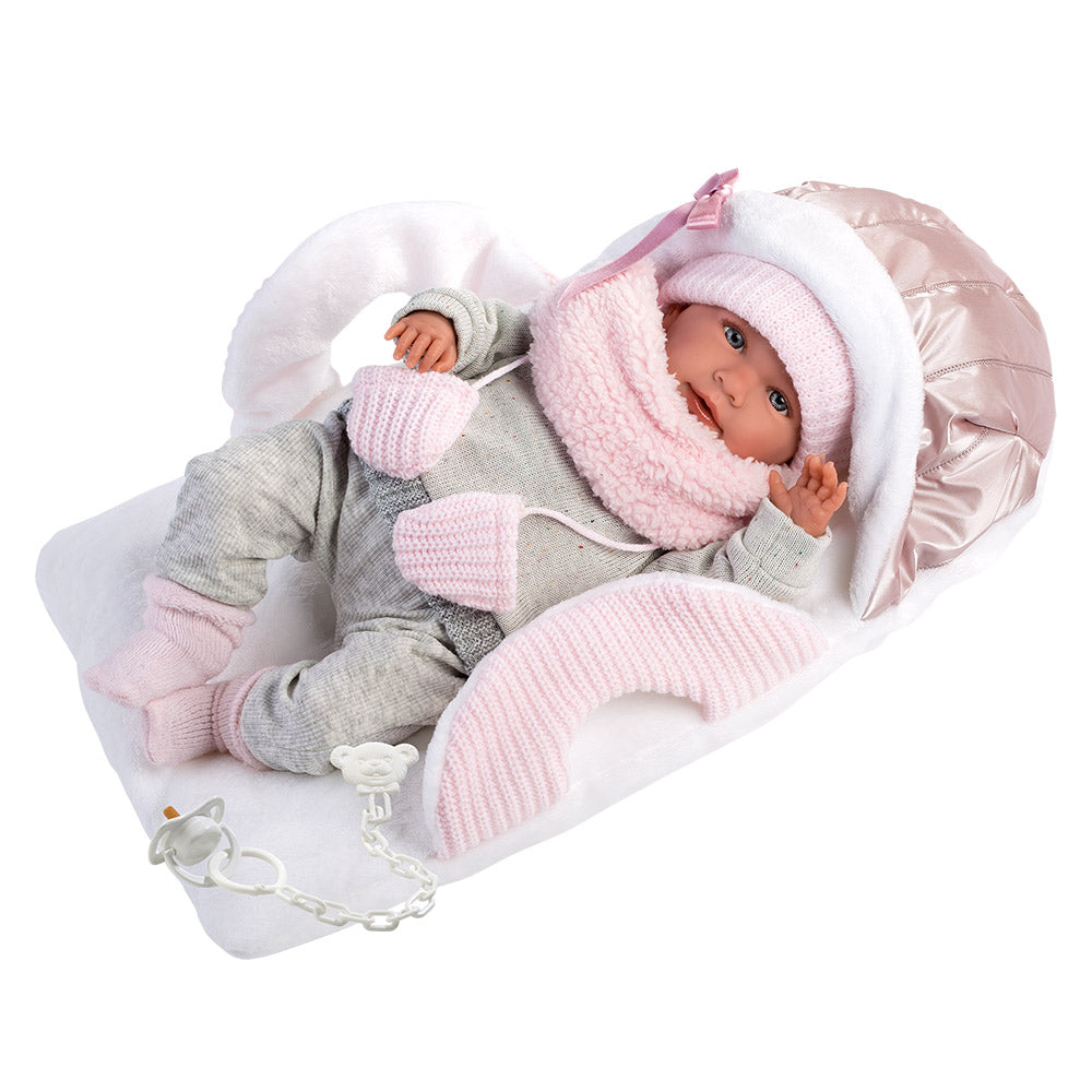 Llorens Dolls: Baby Girl Mimi Doll with Metallic Baby Carrier Carrycot 42cm (Mechanism Optional)